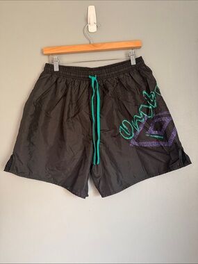 Vintage 90s Umbro Spell Out Nylon Athletic Shorts Black Teal Purple